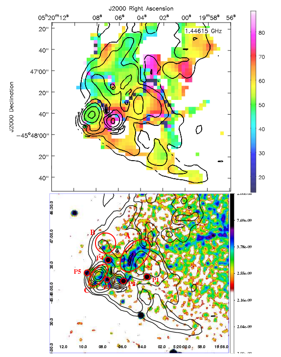 Top: A zoomed view of the rotation measure distribution within the E hotspot region in Pictor A, with the polarized intensity L band contours superimposed. Contours start from 3σ confidence level and are scaled by √2. Bottom: A zoomed view of the 0.5–7.0 keV emission of the E hotspot region in Pictor A, with the 1.45 GHz polarized intensity contours (black) superimposed. The Chandra image is smoothed with 3σ Gaussian (radius 5 px). Radio contours start from 3σ confidence level. Regions selected for the Chandra data analysis are labeled and indicated by red contours. Credit: The Authors.