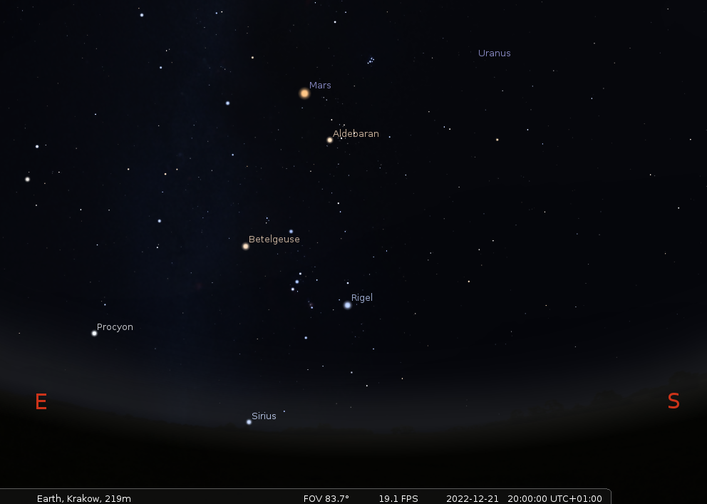 Niebo nad Krakowem, 21 grudnia 2022 r., godz. 20:00. Źródło: Stellarium. 