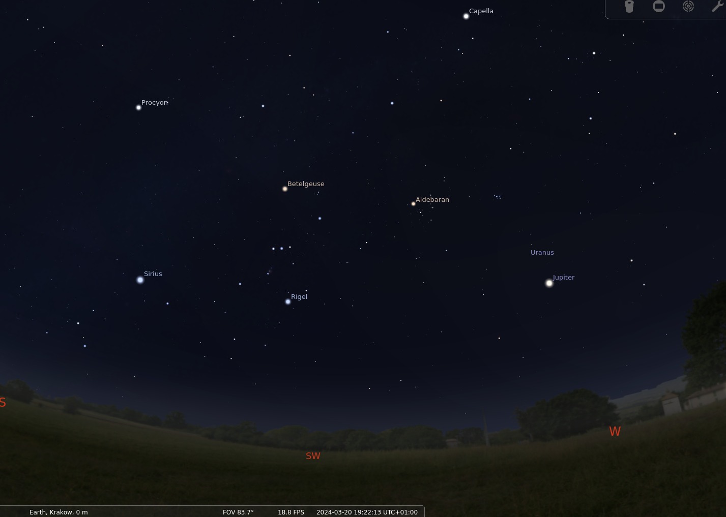 Mapka: Niebo wieczorne nad Małopolską 20 marca 2024 r. Źródło: Stellarium.