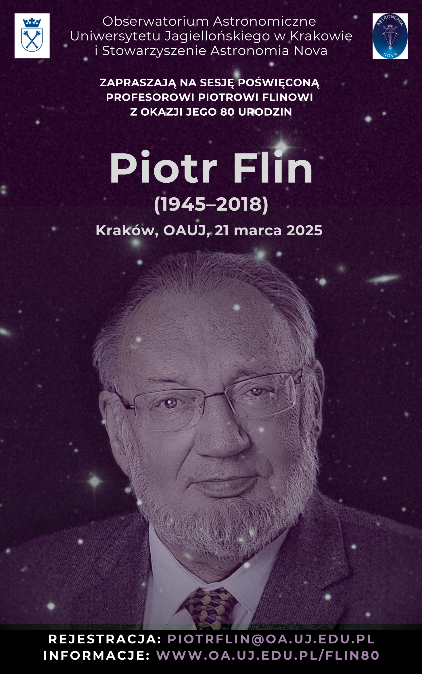Piotr Flin 2025 - plakat informujący o konferencji mającej miejsce 21 marca 2025 w Krakowie.