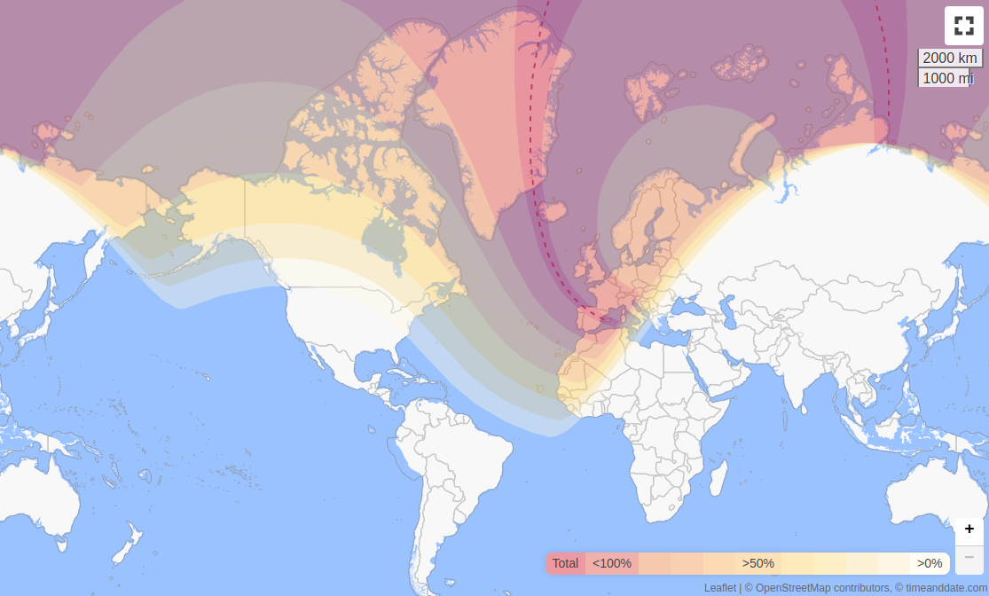 Path of totality for the August solar eclipse (Time and Date website) 