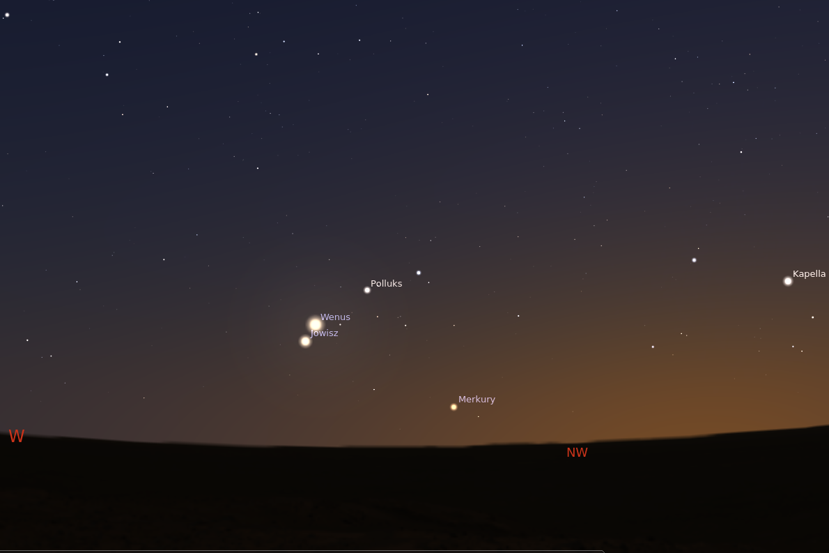 Na ilustracji: niebo widoczne wieczorem 9 czerwca: koniunkcja Wenus z Jowiszem (źródło mapy: Stellarium)