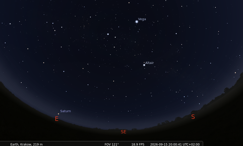 Niebo wieczorne 15 września 2026 r. nad Krakowem (Stellarium)