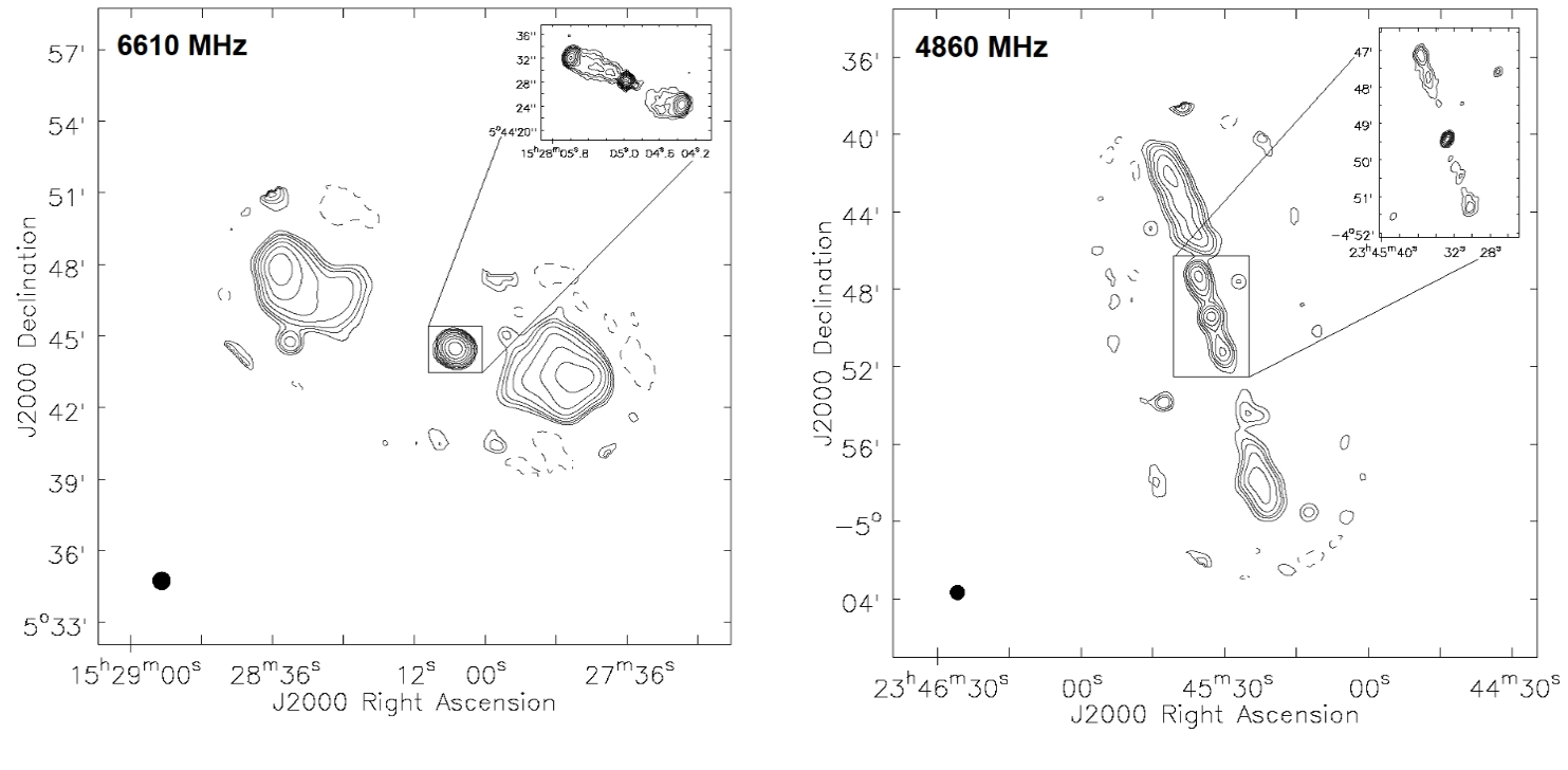 Illustration 1: Radio maps obtained with the use of the Very Large Array Interferometer (USA) of the two analyzed double-double radio galaxies, with magnification of their central structures in the upper right corner and beam profile (angular resolution) marked in the lower left corner. Left panel: radio contours of J1528+0544 at 6.6 GHz. Right panel: radio contours of J2345-0449 at 4.9 GHz (The Authors).