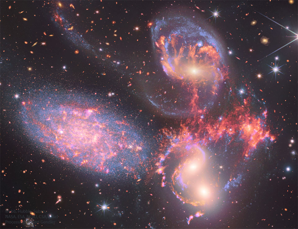 APOD - exemplary picture. Stephan's Quintet from Webb, Hubble, and Subaru. Image Credit: Webb, Hubble, Subaru; NASA, ESA, CSA, NOAJ, STScI; Processing & Copyright: Robert Gendler, Read more: http://apod.pl/apod/ap220718.html